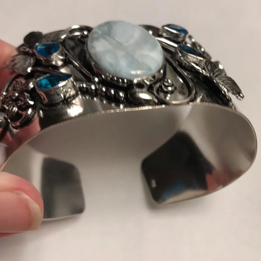 Larimar Blue Topaz Stamped Solid 925 Sterling Silver Cuff Bracelet